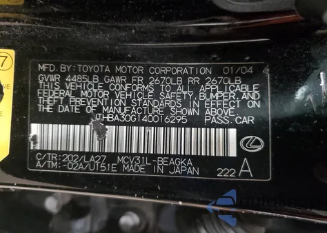 2004 Lexus Es 330 from USA, damaged, VIN JTHBA30G140016295